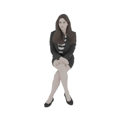 3D model of a woman in a black suit, sitting with her legs crossed, looking forward.