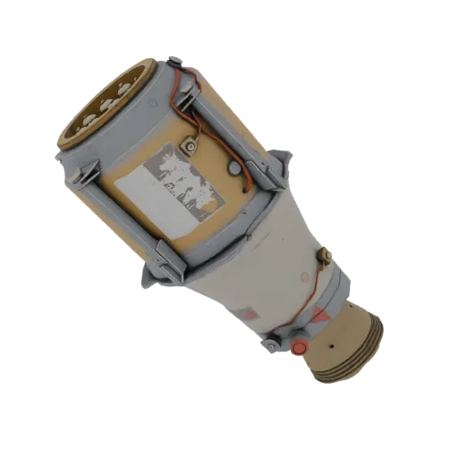 Modèle 3D module moteur capsule spatiale usé, câblage apparent, tuyère proéminente.