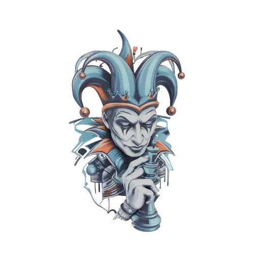 3D model of a jester character with white face paint and a jester hat, holding a chess king piece in its hand.