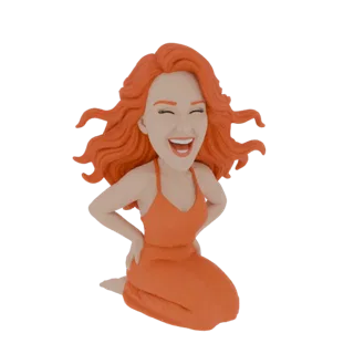 3D model of a woman with bright orange hair, wearing an orange dress, kneeling and laughing with her hands on her hips.