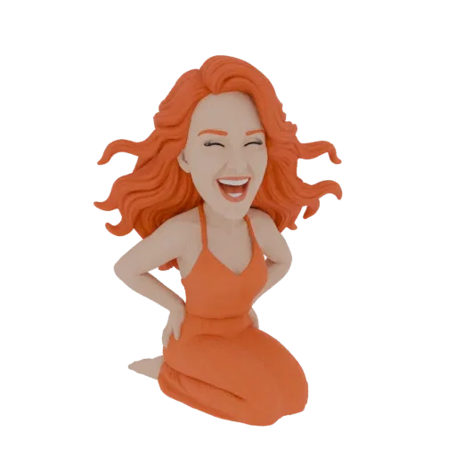 Modello 3D di una donna con capelli arancioni brillanti, che indossa un abito arancione, inginocchiata e che ride con le mani
