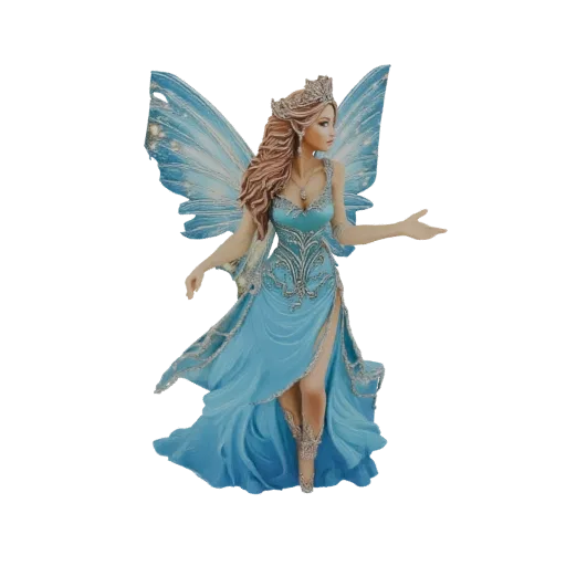 3D model of a beautiful fairy queen with long brown hair, wearing a crown and a flowing blue dress, with large, light blue, t