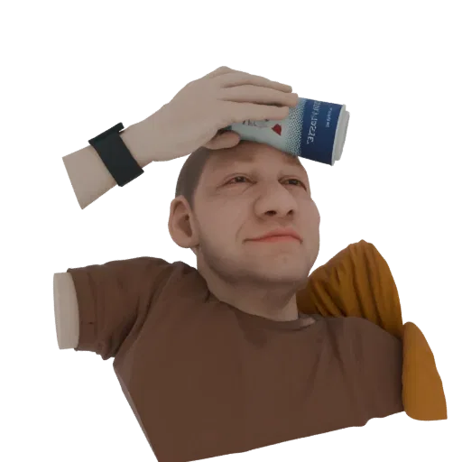 3D model of a man with a can of soda on his forehead, wearing a brown t-shirt and an orange cloth.