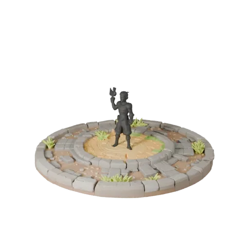 Ruined Round Base stylized 3D model preview showing rim shape, three-quarter game view, height and ground texture