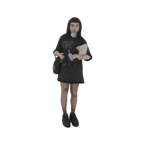 3D model of a gothic girl with dark dress, fishnet stockings, holding a doll and a bag, with candy in her mouth.