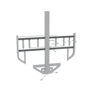 Modelo 3D de un agitador industrial gris con un eje vertical central y múltiples aspas de mezcla anguladas, sobre un fondo bl