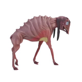 3D model of a gaunt, emaciated canine creature with visible ribs and a hunched posture, rendered against a white background.