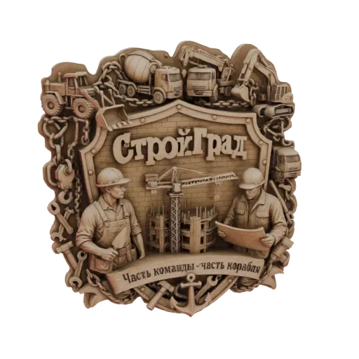 3D model of a detailed construction emblem with workers, cranes, trucks, and the inscription 'StroyGrad'.