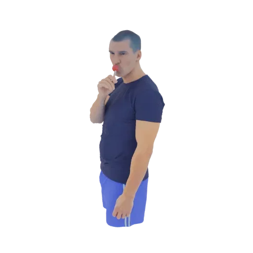3D model of a man with blue hair wearing a dark blue t-shirt and blue shorts, playfully holding a red lollipop to his lips.