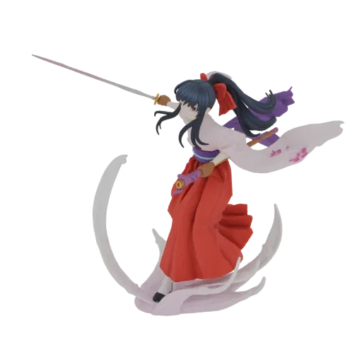 3D model of a samurai girl in a dynamic action pose, holding a katana, wearing a red hakama and white kimono, with stylized e