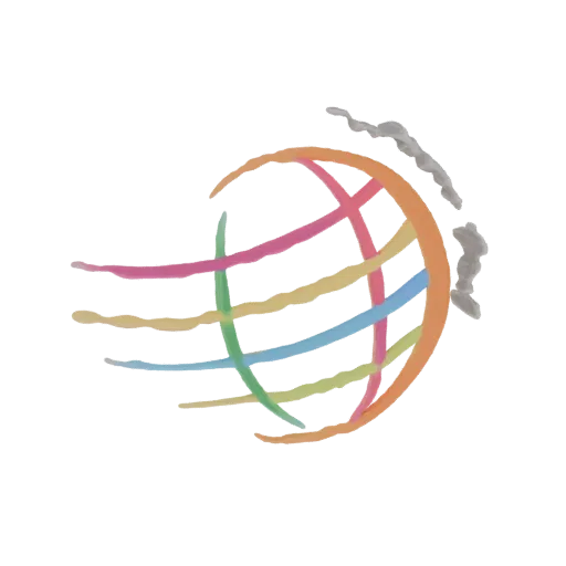 3D model of an abstract globe with colorful swirling bands in pink, yellow, green, and blue against a black background.