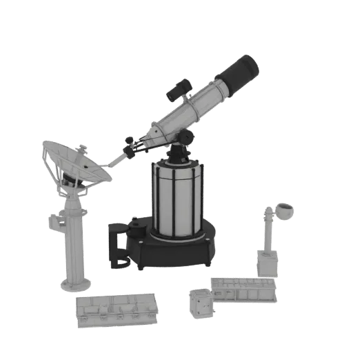 Observatory Telescope Printable 3D model, isometric STL render, showing metal tubes, optical alignment.