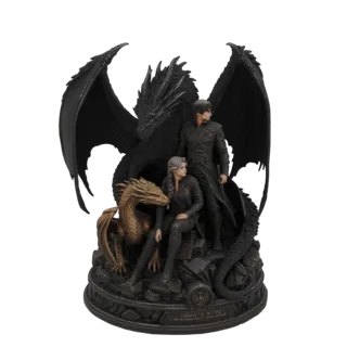Modelo 3D de um cavaleiro e uma cavaleira de dragão com um grande dragão preto e um dragão dourado menor em uma base rochosa.
