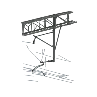 3D model of an overhead catenary system support tower with lattice structure and insulators.