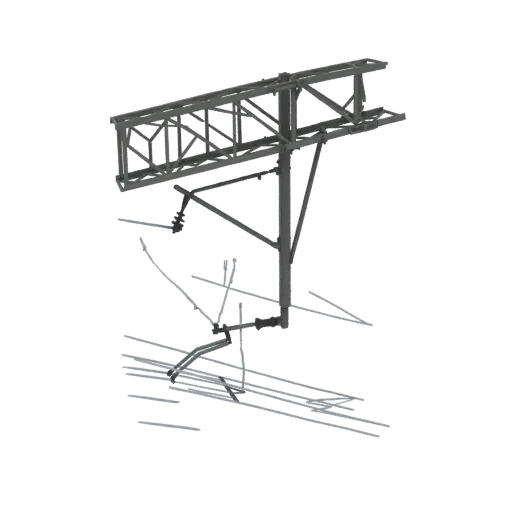3D model of an overhead catenary system support tower with lattice structure and insulators.