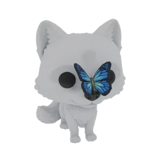 3D model of a white Arctic Fox figure with a bright blue butterfly on its nose, against a white background.