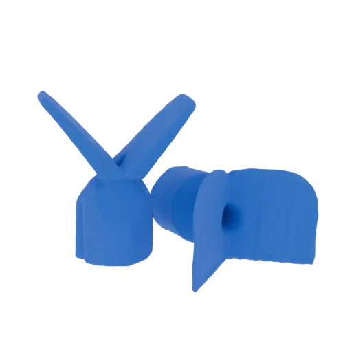 Two abstract blue objects with propeller-like fins, one upright and one horizontal, on a black background.