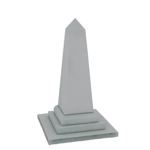 Uma renderização 3D de um monumento obelisco moderno com base escalonada, apresentado contra um fundo preto.