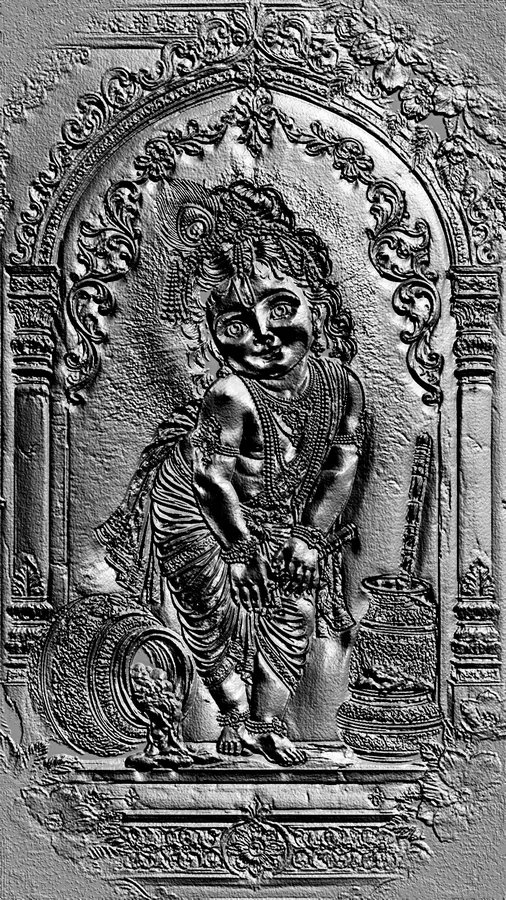 Modelo 3D de bajorrelieve del bebé Krishna junto a un cántaro, en estilo tradicional indio.