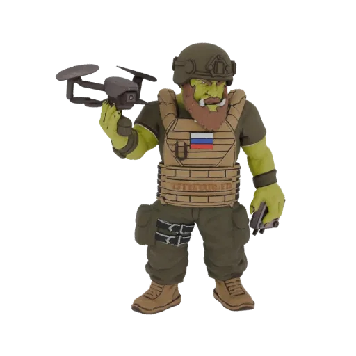 3D model of a green-skinned Orc warrior wearing tactical gear and holding a drone, with a pistol at his hip.