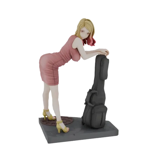 Modello 3D di donna elegante con capelli biondi e riflessi rosa, in abito rosa, appoggiata a custodia per chitarra, su base t
