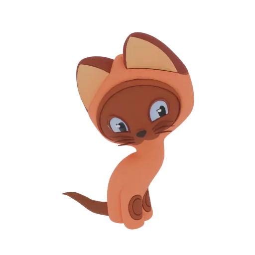 Modelo 3D de Gatito Gav, un gato de caricatura adorable con capucha naranja, ojos azules grandes y expresión curiosa.