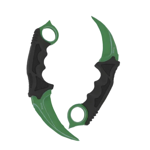 A 3D render of two green karambit knives with black handles, displayed against a black background.