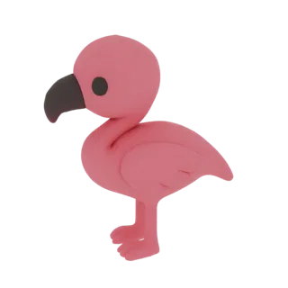A 3D render of a cute, stylized pink flamingo with a dark beak and eye, standing on two legs.