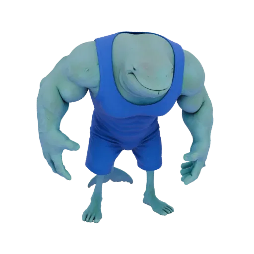 Modelo 3D de un personaje delfín musculoso verde azulado con camiseta sin mangas azul y pantalones cortos, sonriendo y de pie