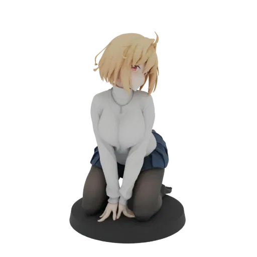 3D model of a kneeling anime girl with blonde hair, wearing a white turtleneck, blue skirt, and black stockings, on a black b
