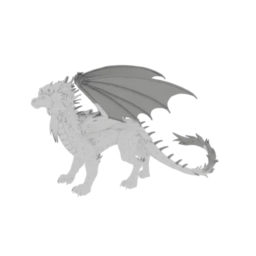 A detailed 3D model of a majestic winged dragon with large, spread wings, standing on a white background.
