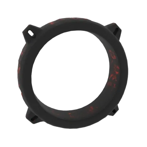 A 3D render of a black ring with scattered red patterns and four protruding mounting points, set against a black background.