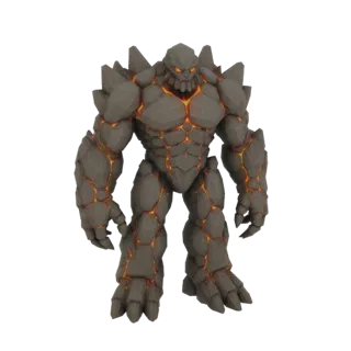 3D model of a fearsome golem made of dark, cracked rock with a bright, molten orange core glowing from within.