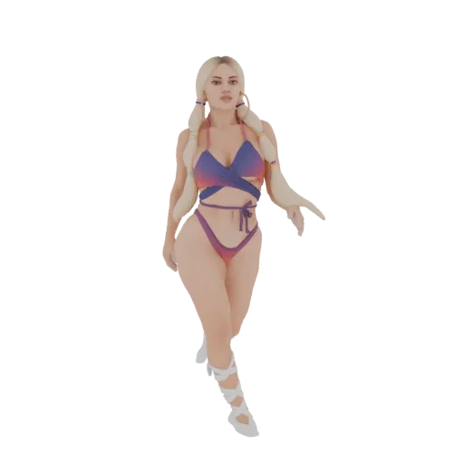 3D model of a woman with blonde braided hair wearing a blue and pink gradient bikini and white sandals, walking forward.