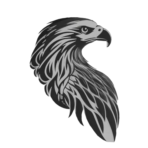 A 3D model render of a stylized eagle's head in profile, featuring bold black and white graphic lines and intricate feather p