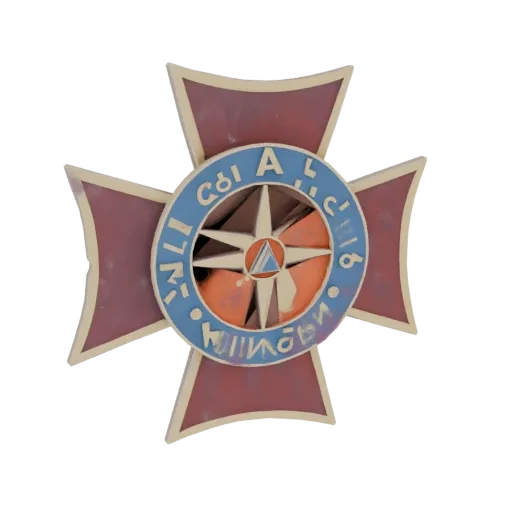 3D model of a cross-shaped medal with red enamel arms, a central compass rose, and a blue inscribed band with a triangle embl