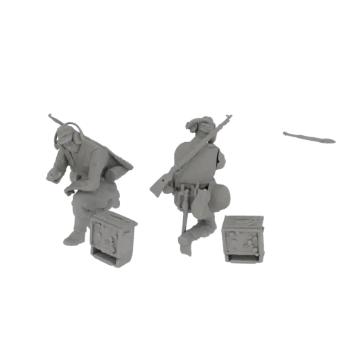 3D model of two WWII Soviet soldiers, one a kneeling radio operator and the other a standing soldier with a rifle and ammo bo