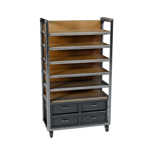Mechanic Parts Rack Product Viz 3D model, three-quarter studio product render, showing steel frames, stable fixtures.