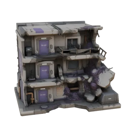 Modèle 3D d'un bâtiment sci-fi en ruine à trois étages avec des portes violettes et des dommages intérieurs visibles.