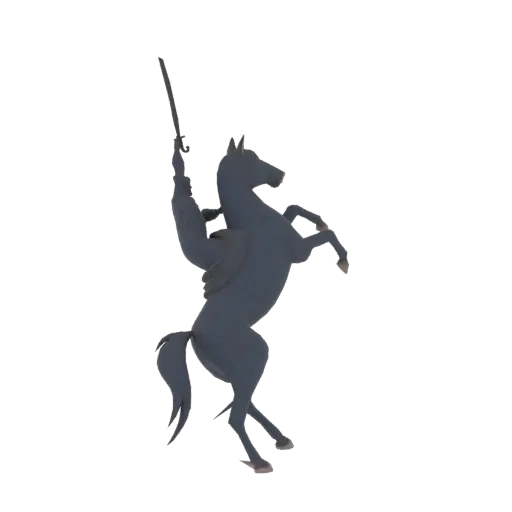 3D model of a dark-colored horse rearing up on its hind legs, with a rider holding a sword aloft.