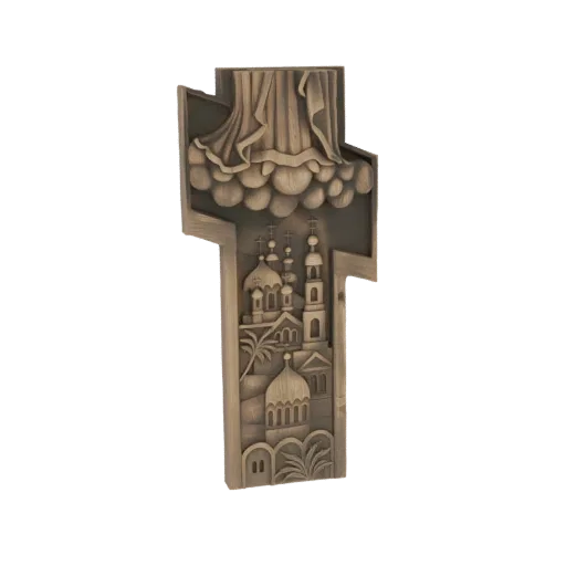 3D model of an Orthodox cross with intricate relief carvings of churches and clouds, rendered in a bronzed finish.