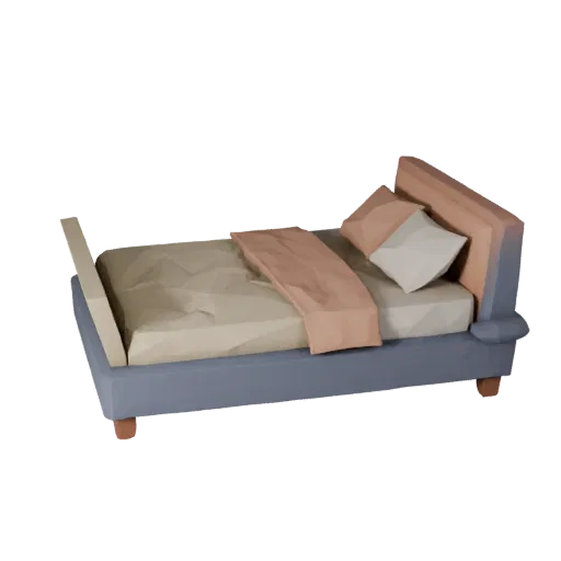 Upholstered Daybed Low Poly 3D model, bedroom, game viewport three-quarter view, fabric detail.