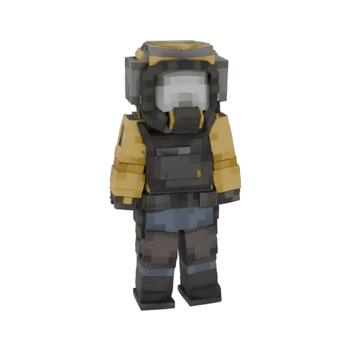 A 3D render of a pixelated character wearing a yellow hazmat suit, gas mask, and tactical vest, standing against a white back