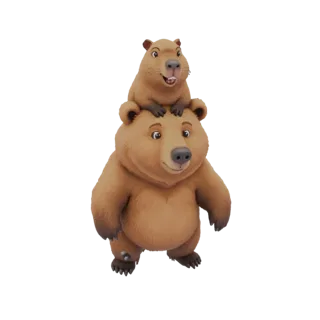 3D-Modell eines Braunbären mit einem lächelnden Capybara auf dem Kopf, vor weißem Hintergrund.
