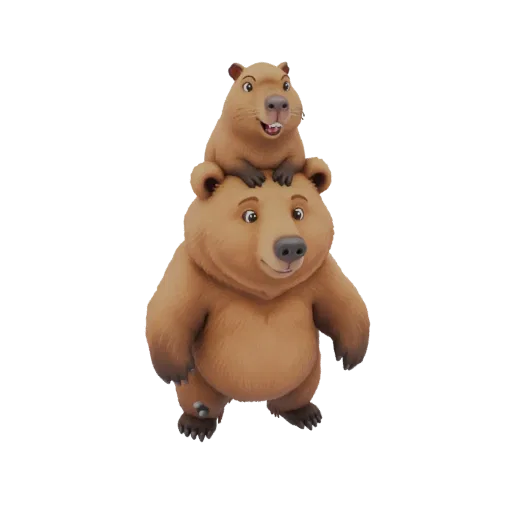 3D model of a brown bear with a smiling capybara balanced on its head, against a white background.