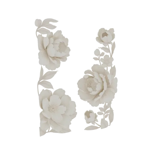 A 3D model of an elegant floral arrangement featuring two clusters of detailed peonies and leaves, rendered in a soft, neutra