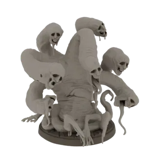 3D model of a grotesque hydra with multiple skull heads, dark fantasy creature on a textured base.