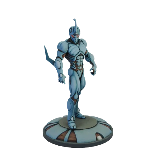 3D model of a light blue cybernetic warrior with a blade arm, standing on a circular base.