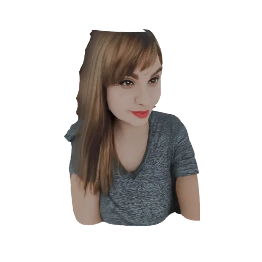 3D model of a young woman with long brown hair, bangs, red lipstick, and a grey t-shirt, looking to the side.