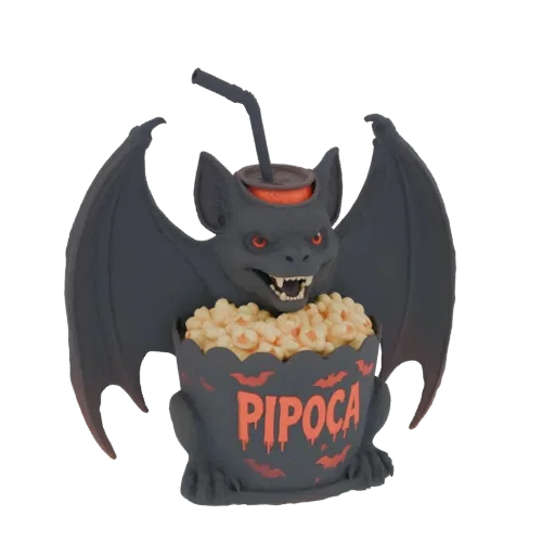 3D-Modell einer dunklen Fledermaus-Gargoyle mit roten Augen, die einen Popcorn-Eimer mit der Aufschrift 'PIPOCA' hält, Flügel